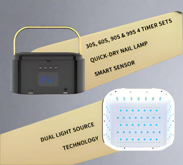 Quick-dry nail lamp with dual light source technology on a gray background